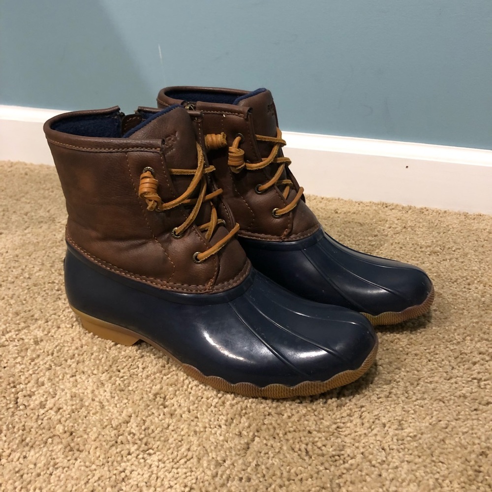 Sperry Duck Boots Brown Leather and Navy Rubber